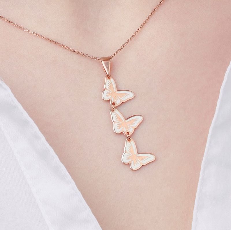 Sterling Silver Triple Rose Gold Butterfly Pendant with White Enamel ...