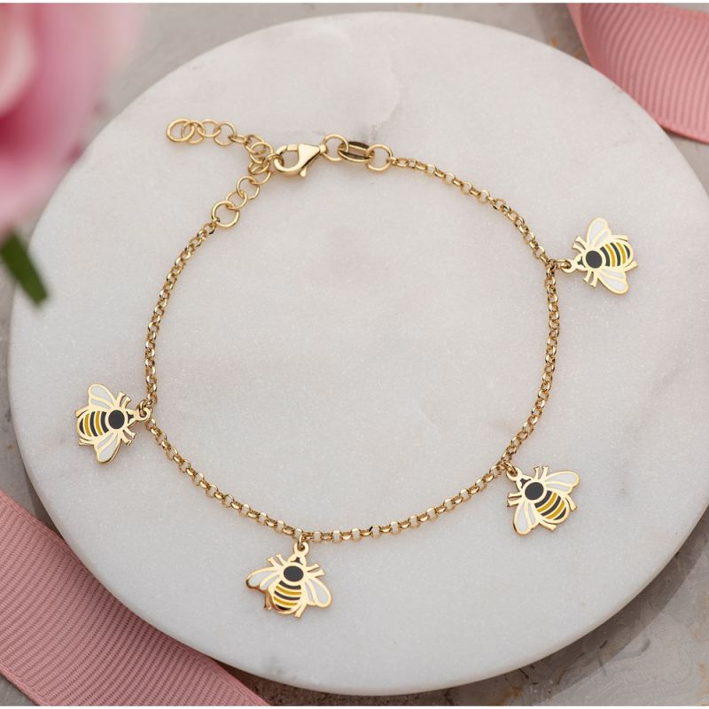 Sterling Silver Gold Plated Bee Charm Bracelet with Enamel